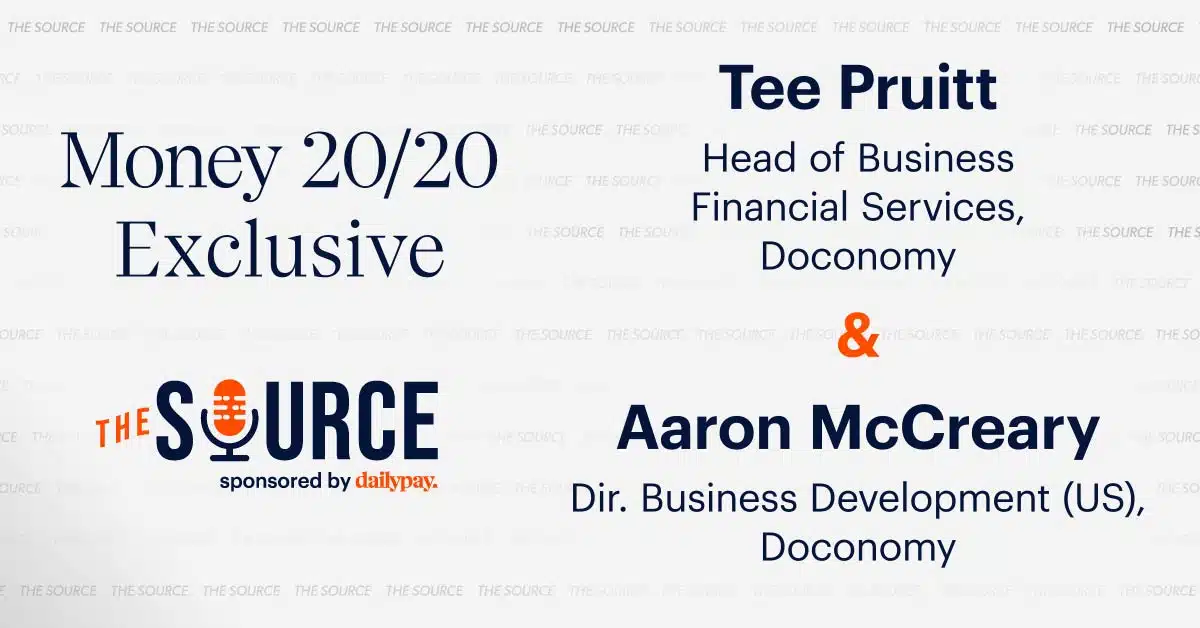 Promotional image for Money 20/20 featuring Tee Pruitt, Head of Business Financial Services at Doconomy, and Aaron McCreary, Director of Business Development (US) at Doconomy. Sponsored by The Source.