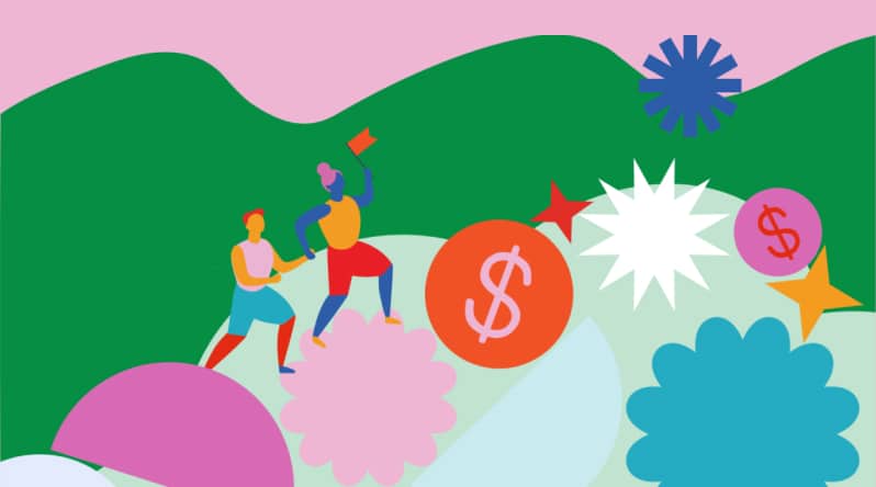 Two colorful abstract figures engage in an outdoor activity near large stylized dollar signs and various geometric shapes against a green and pink background.