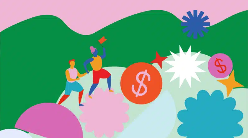 Two colorful abstract figures engage in an outdoor activity near large stylized dollar signs and various geometric shapes against a green and pink background.