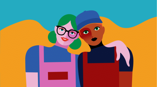 Illustration of two friends standing close with one's arm around the other. They wear vibrant, colorful outfits, and both have distinguishing accessories—one has glasses and the other a cap.