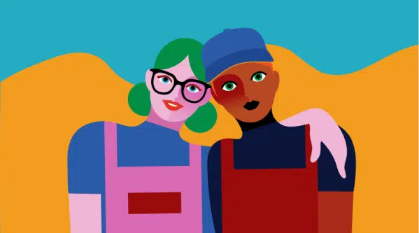 Illustration of two friends standing close with one's arm around the other. They wear vibrant, colorful outfits, and both have distinguishing accessories—one has glasses and the other a cap.