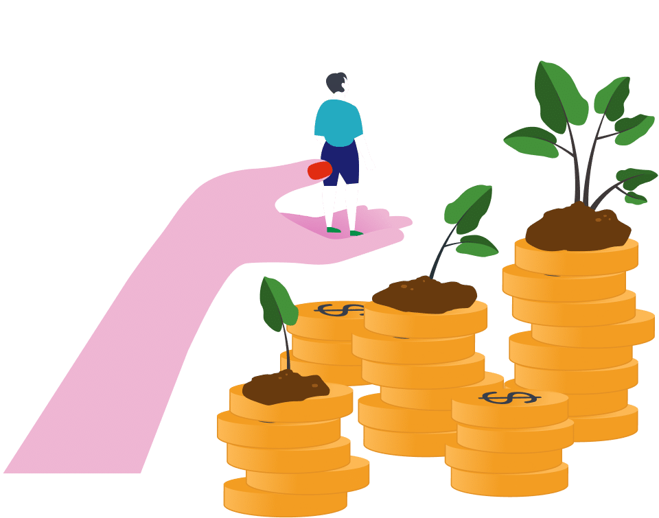 Illustration of a hand holding a person overlooking several stacks of gold coins with green plants growing from them.