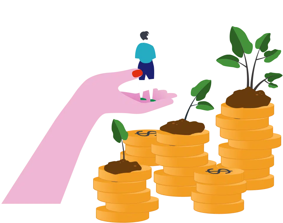 Illustration of a hand holding a person overlooking several stacks of gold coins with green plants growing from them.