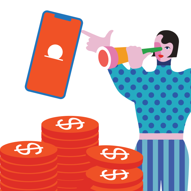 Illustration of a person looking through a telescope at a smartphone, with stacks of coins featuring dollar signs in the foreground.