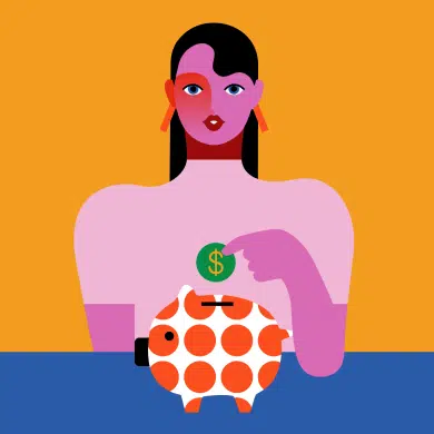 A stylized illustration of a person putting a coin with a dollar sign into a polka-dotted piggy bank on a table.