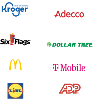 Logos of various companies arranged in a grid: Kroger, Adecco, Six Flags, Dollar Tree, McDonald's, T-Mobile, Lidl, and ADP.