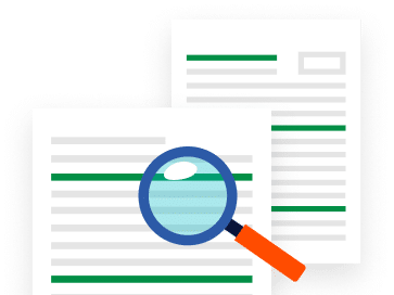 Two documents with green lines of text, one behind the other, and a magnifying glass hovering over the front document.