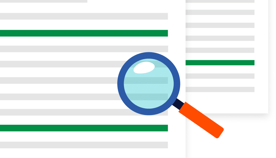 Illustration of a magnifying glass focusing on green highlighted lines in a document.