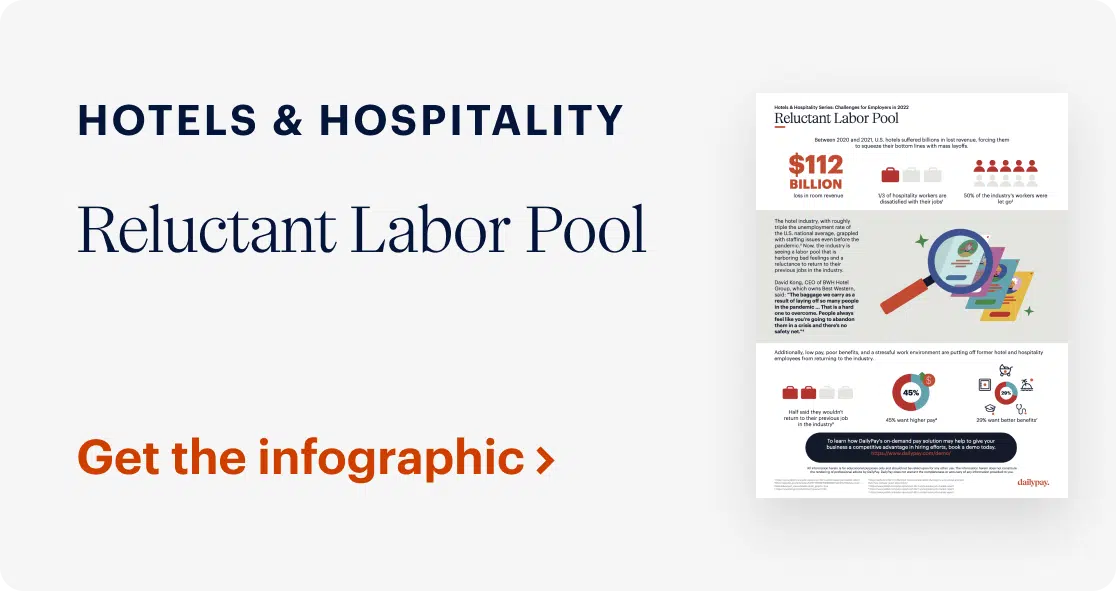 Infographic detailing a $112 billion issue in the hotels and hospitality labor pool, featuring statistics and visual data representations. Text reads: "Reluctant Labor Pool – Get the infographic.