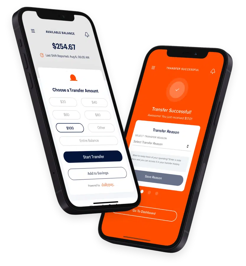 Two smartphones display a banking app. The left screen shows an account balance and transfer options, while the right screen confirms a successful transfer and allows selection of a transfer reason.