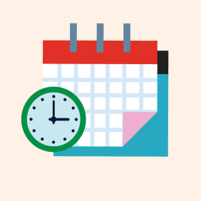 An illustrated calendar with a red top and blue pages, next to a round clock showing 9 o’clock.
