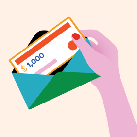 Illustration of a hand holding an envelope with a $1,000 check or payment card partially visible inside.