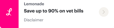 Lemonade ad with the logo, headline stating "Save up to 90% on vet bills," and a disclaimer note below.