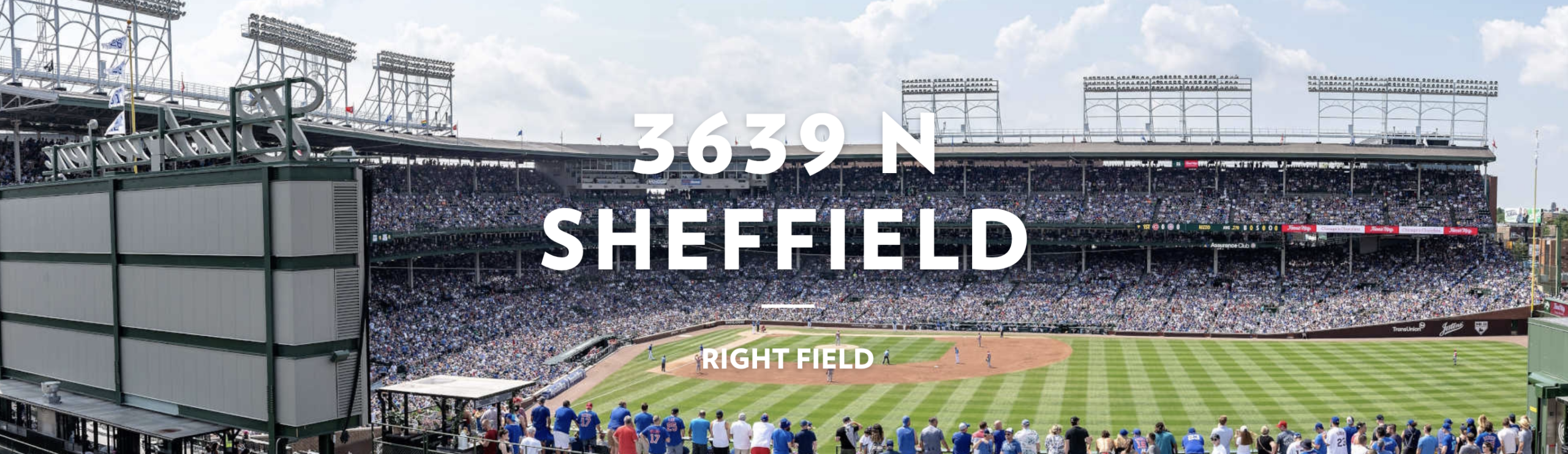 A crowded baseball stadium scene viewed from right field, with "3639 N Sheffield" and "Right Field" text overlayed at center.