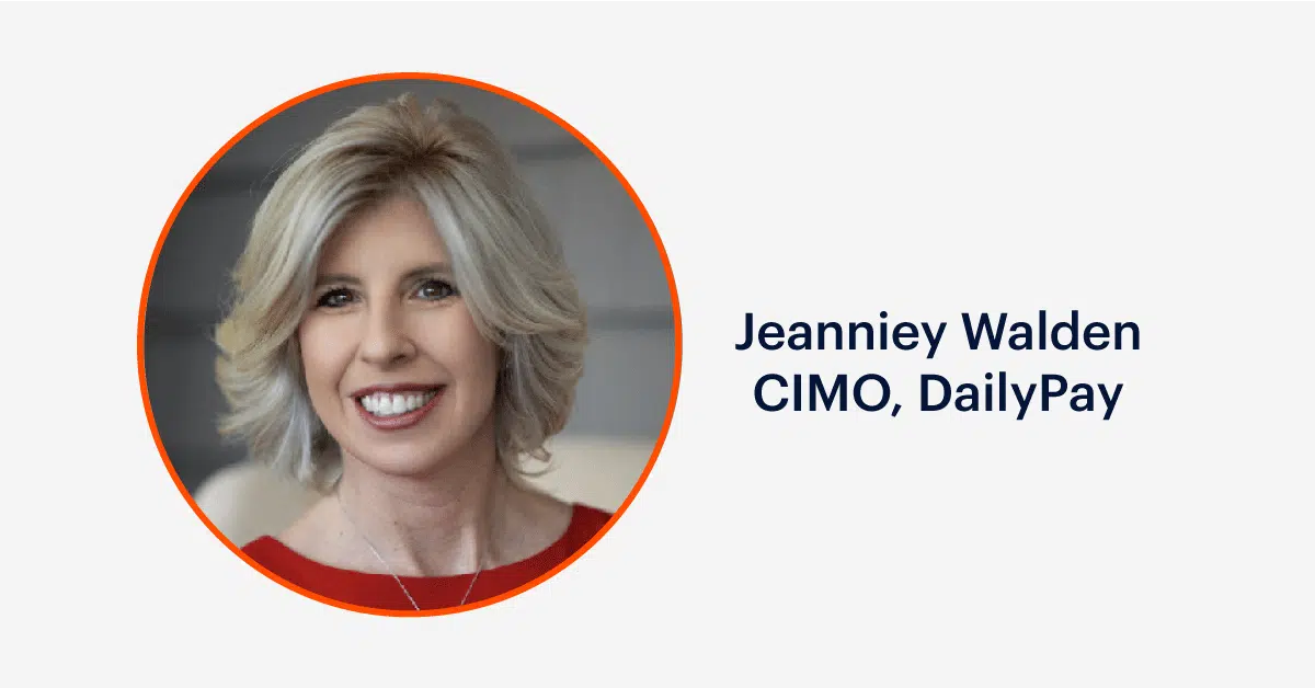 A headshot of a woman with short, blonde hair, smiling at the camera. She is wearing an orange top. The image is framed in a circular red border. Next to her, in bold navy text, it reads, "Jeanniey Walden, CIMO, DailyPay," on a white background.