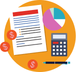 Document, calculator, pie chart, coins, and pen arranged on an orange circle background, representing financial or accounting concepts.