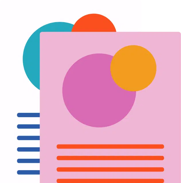 Two overlapping documents with colorful circle graphics and text lines. One document has a white background with blue text, the other has a pink background with orange text.