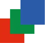 Three overlapping squares in red, green, and blue on a black background. The red square is at the bottom left, the green square is in the middle, and the blue square is at the top right.