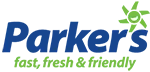 A logo featuring the name "Parker's" in bold blue letters. Above the letter 's' is a green sunburst shape with a white smiley face in the center. Below "Parker's" is the tagline "fast, fresh & friendly" written in green cursive letters.