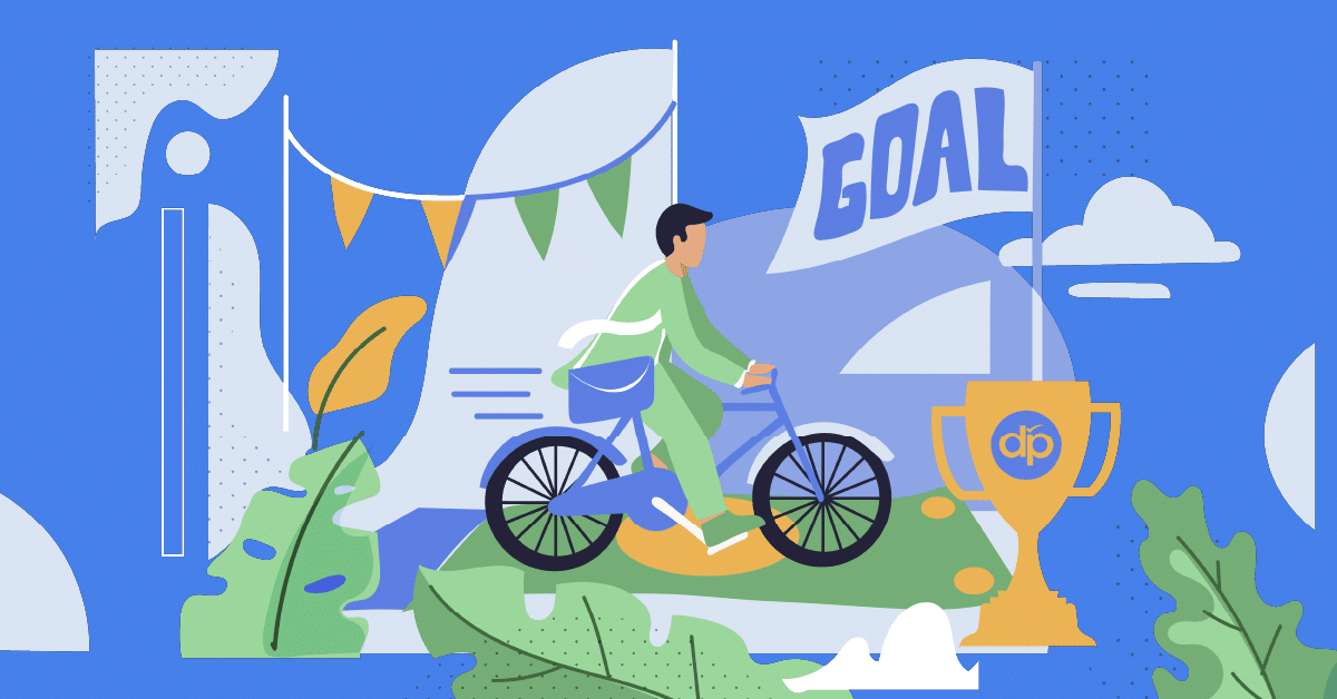 Illustration of a person riding a bicycle towards a "GOAL" flag, accompanied by colorful pennants and foliage. In the foreground, there's a trophy with a logo, symbolizing achievement. The background features abstract shapes in shades of blue and green, creating a cheerful scene.