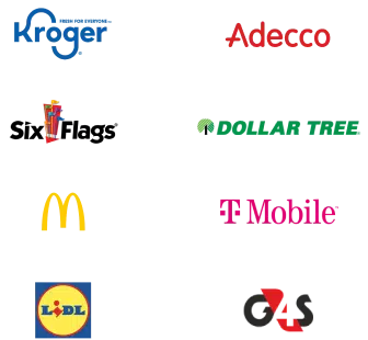 Image displaying a collection of corporate logos arranged in a 3x3 grid. Top row: Kroger (blue), Adecco (red). Middle row: Six Flags (multicolored), Dollar Tree (green). Bottom row: McDonald's (yellow M on red), T-Mobile (magenta). Bottom: Lidl (yellow/blue/red), G4S (red/black).