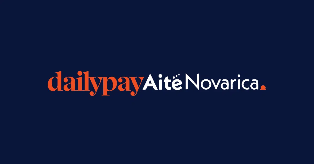 The image features the logos of DailyPay and Aité Novarica against a dark blue background. The text, promoting a payday loan alternative, is in a bold, modern font. "Dailypay" is in orange lowercase letters, while "Aité Novarica" is in white with a small orange dot at the end of "Novarica."