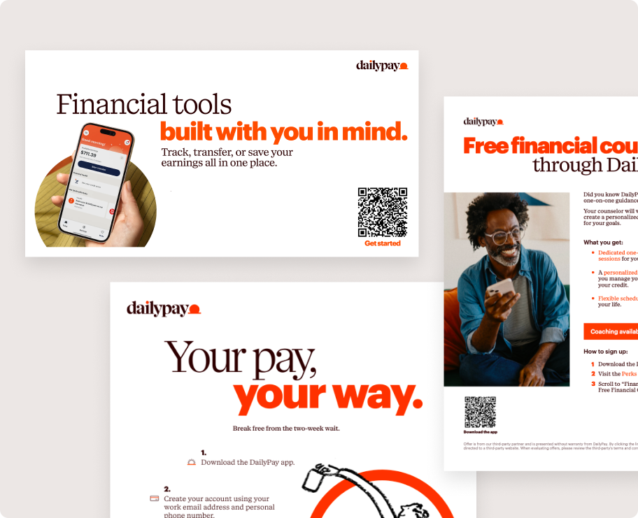 Three overlapping promotional flyers for Dailypay featuring the brand logo, headlines about financial tools and flexible pay, a QR code for downloading the app, and images of a mobile phone and a person.