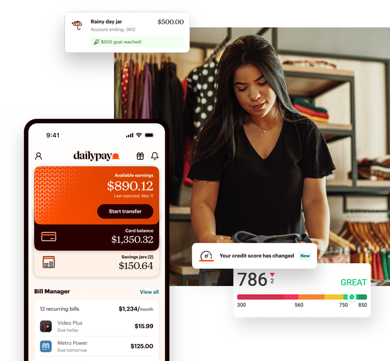 A smartphone screen displays the Dailypay app interface showing earnings and bill management, with floating notifications for a rainy day jar and a credit score of 786.