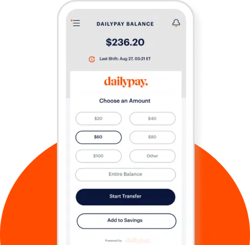 A mobile screen showing a balance of $236.20 in a DailyPay account. Options to transfer $20, $40, $60, $80, $100, or the entire balance, with buttons for "Start Transfer" and "Add to Savings.