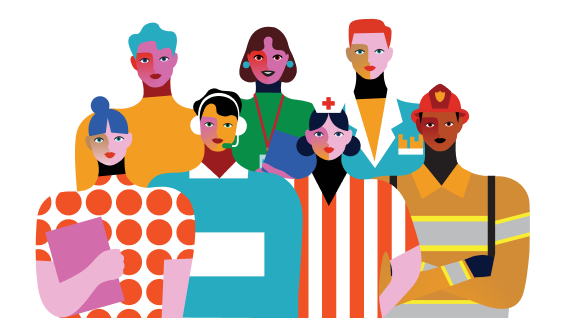 Illustration of a diverse group of professionals, including a nurse, firefighter, customer service representative, and others, standing together and facing forward.