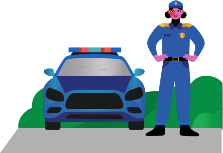 Illustration of a police officer standing next to a police car on a road with green bushes in the background.
