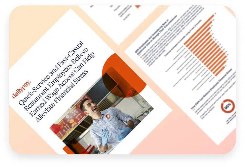 A document titled "Quick-Service and Fast-Casual Restaurant Employees Believe Earned Wage Access Can Help Alleviate Financial Stress" featuring a photo of a smiling worker and a chart on the side.
