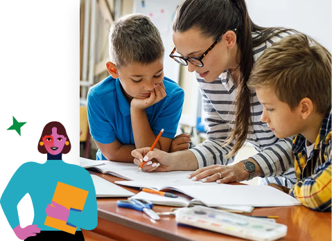 A woman helps two young boys with their schoolwork at a table; books and stationery are spread out, with a cartoon figure holding books on the left side.