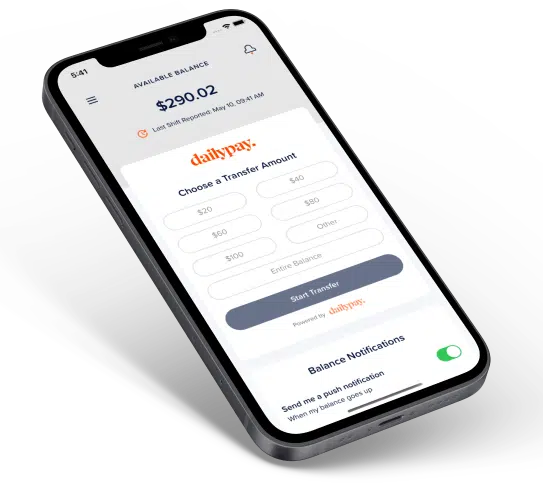 A smartphone displaying a financial application screen with a balance of $290.02. Users can choose different transfer amounts and start the transfer. DailyPay is mentioned on the interface.