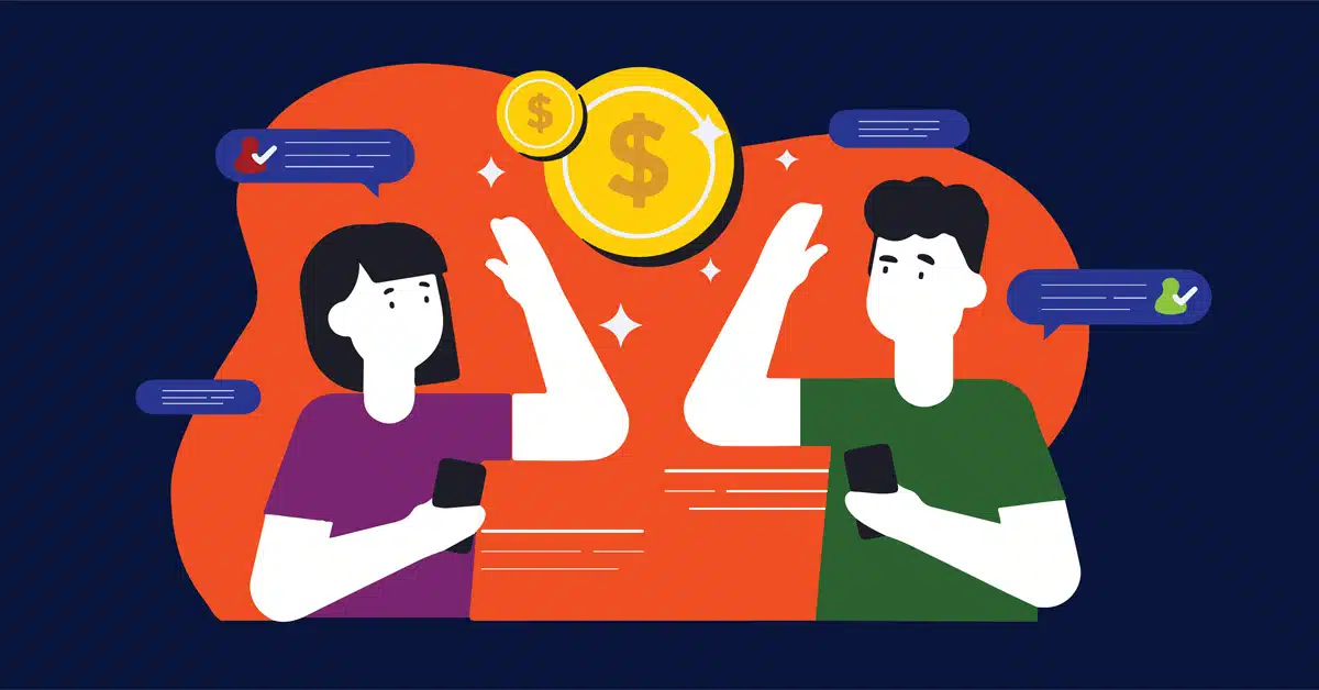 Illustration of a man and woman holding smartphones, exchanging messages with dollar and checkmark symbols.