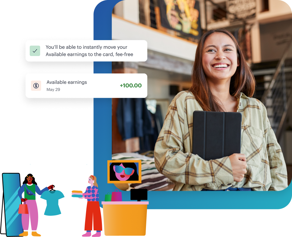 Smiling woman holding a tablet, with digital notifications about available earnings and a graphic of two people shopping and paying at a counter.
