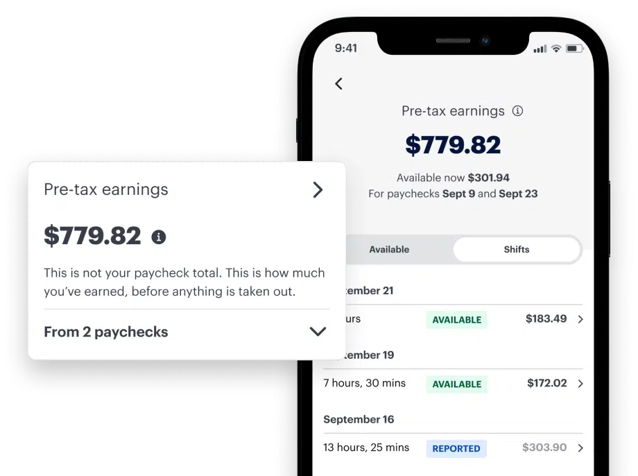 A smartphone screen displays a financial app showing pre-tax earnings of $779.82 from two paychecks, with earnings available for selected dates listed below.