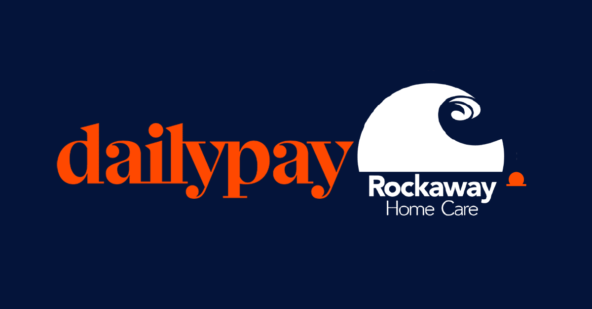 An image featuring the "dailypay" logo in bold orange text on the left and the "Rockaway Home Care" logo on the right. The latter consists of a stylized white wave with a small orange circle above it, over dark blue background. Both logos are centered and adjacent to each other.