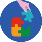 A hand places a blue puzzle piece above three connected puzzle pieces—red, yellow, and green—set against a blue circular background.