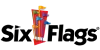 Logo of Six Flags featuring six colorful flags arranged vertically on the left and the text "Six Flags" in bold black letters.