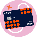 A navy blue Visa debit card with orange dots and "dailypay" displayed, shown on a pink circular background with a star.