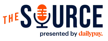 Logo of "The Source" with an orange microphone forming part of the letter "O," accompanied by the text "presented by dailypay" in the lower right corner.
