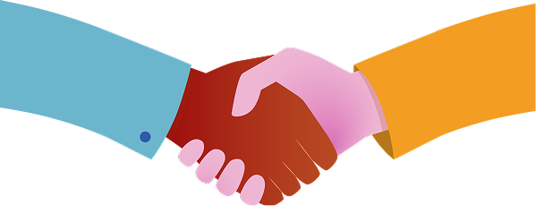 Illustration of two hands shaking, one with a blue sleeve and the other with an orange sleeve, symbolizing agreement or partnership.