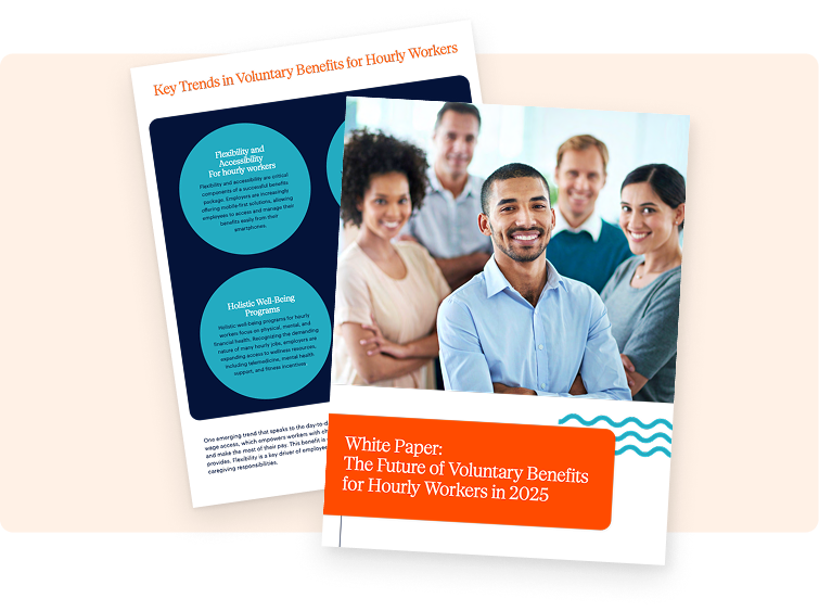 Two pages of a white paper titled “The Future of Voluntary Benefits for Hourly Workers in 2025,” featuring a group of smiling professionals and a summary of key benefit trends.