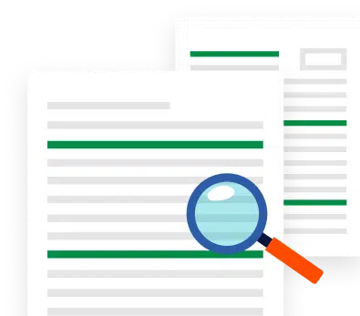 An illustration of two documents with highlighted green text, and a magnifying glass overlaid on the front document.