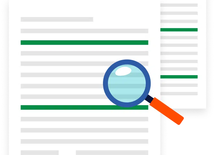 Two documents with green highlighted lines, with a magnifying glass placed over the bottom document.