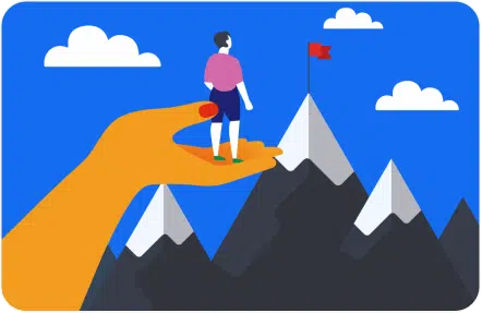 Illustration of a person standing on a giant hand with a mountain range and a red flag in the background.