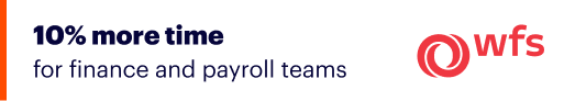 Text graphic stating "10% more time for finance and payroll teams" with the "wfs" logo and a red swirl symbol in the lower right corner.
