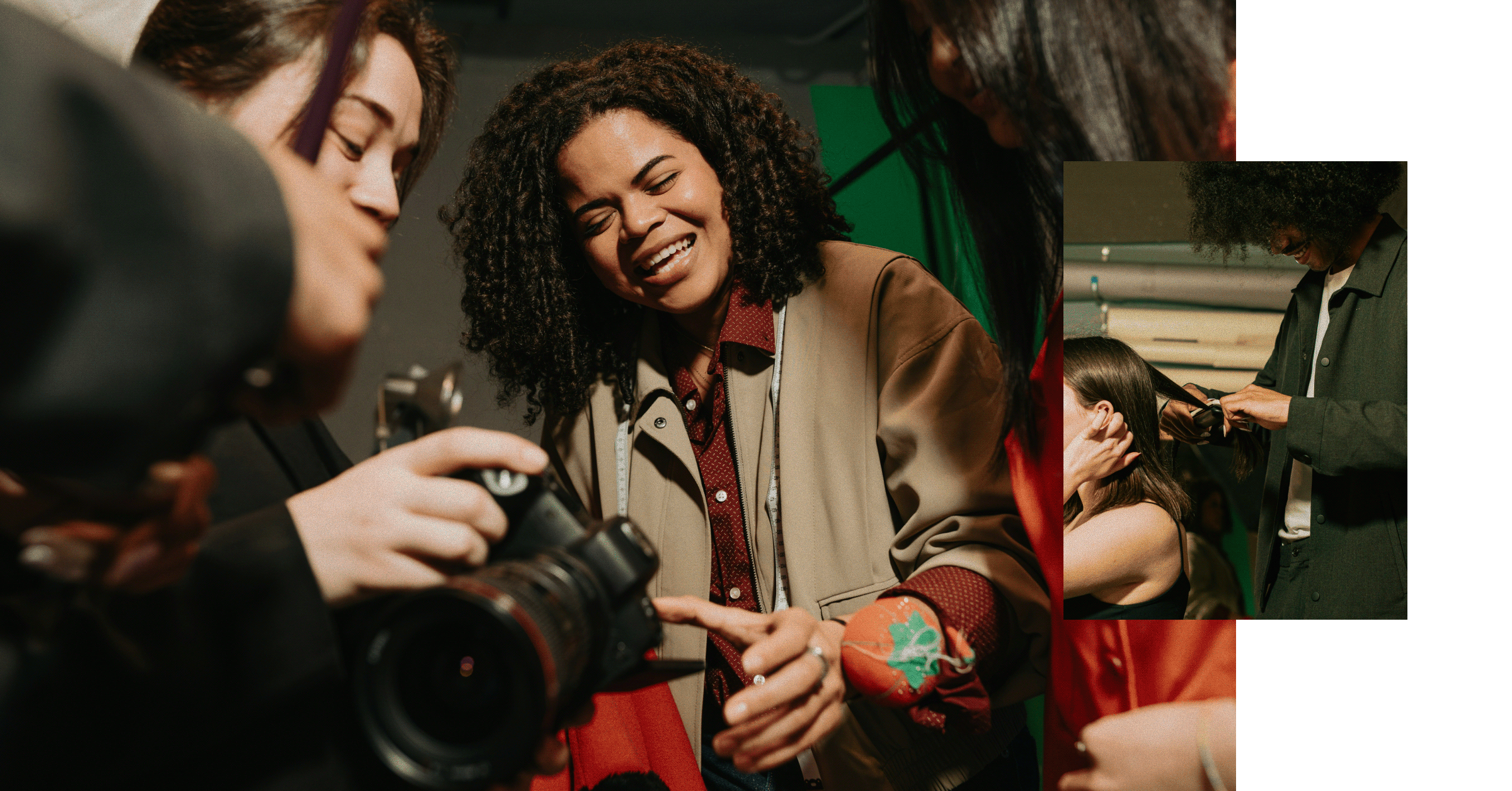 A woman with curly hair smiles while reviewing photos on a camera screen, with an inset showing a person styling a model’s hair.