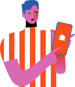 Illustration of a person with purple skin and blue hair, wearing a red and white striped shirt, holding and pointing at a mobile phone with an orange screen.